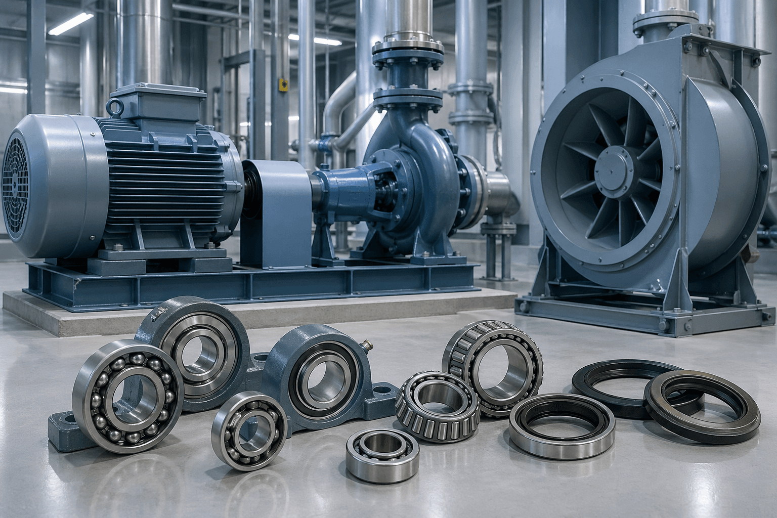Cụm bơm nước và quạt công nghiệp với motor và truyền động dây curoa