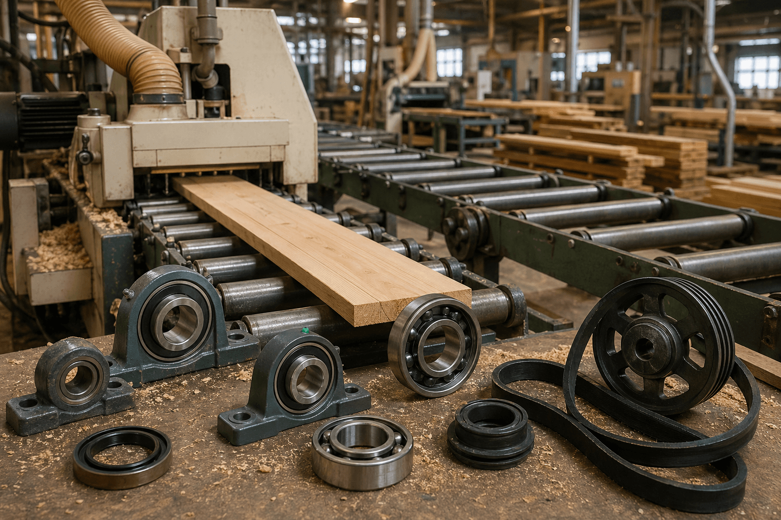 Máy cưa gỗ công nghiệp đang vận hành với trục quay và hệ truyền động